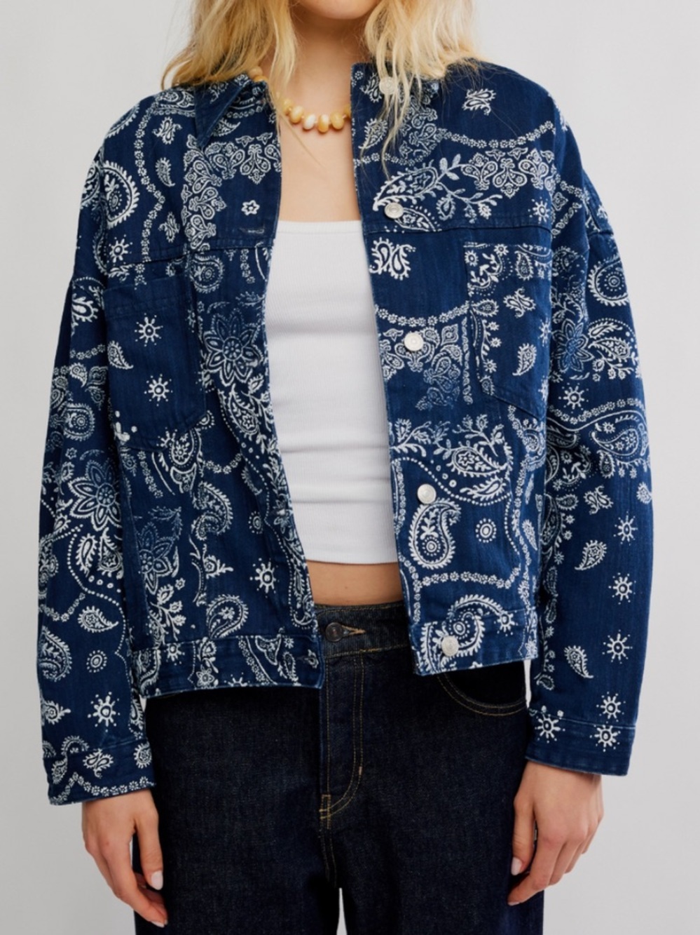 NWOT Free People We The Free Opal Swing Printed Denim Jacket Size Small
